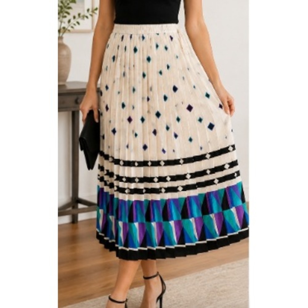 Adrianna Papell Vintage 100% Silk Pleated Midi Skirt Geometric Print Ivory 14 80